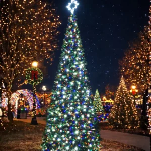 21 ft commercial Christmas Garland Pop-Up Tree with C7 LED lights in an outdoor holiday display