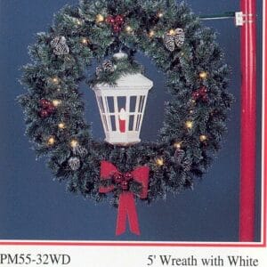 5' Garland Wreath With White Lantern Pole Mount Holiday Light Display