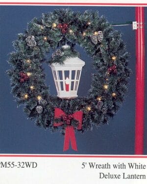 5' Garland Wreath With White Lantern Pole Mount Holiday Light Display