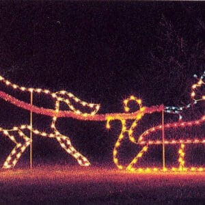 Animated holiday display with Santa’s sleigh and moving reindeer lights