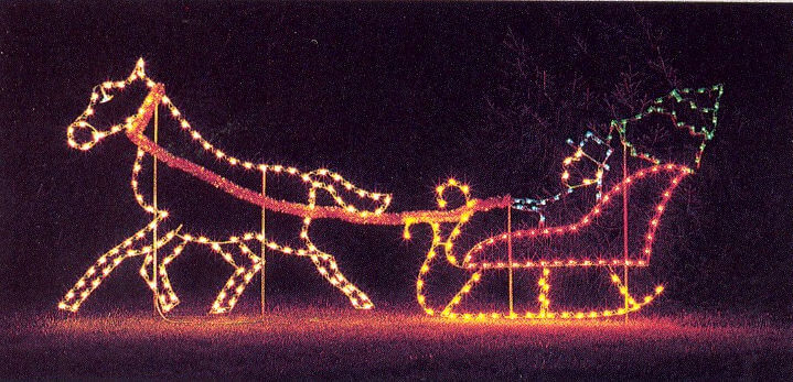 Animated holiday display with Santa’s sleigh and moving reindeer lights