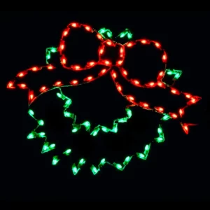 Red and green Christmas lights shaped like a gift bow