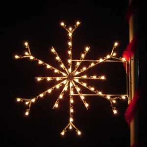 Glowing snowflake light decoration against a dark night sky