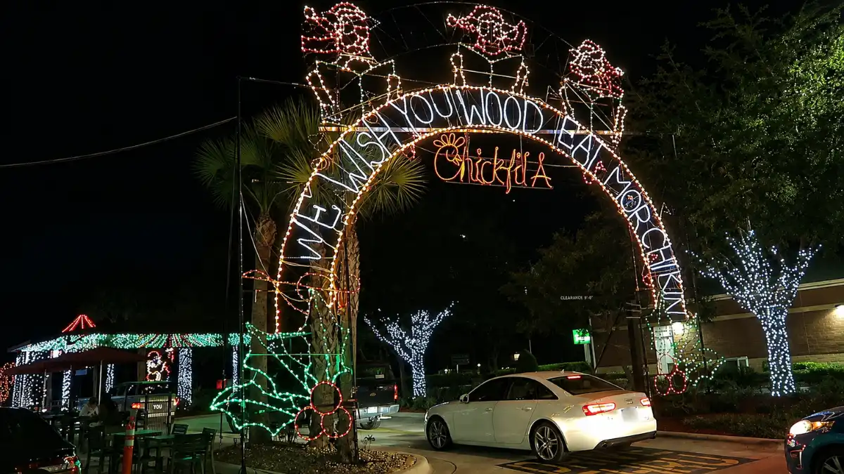 Custom Christmas entry arch at a Chick-fil-A restaurant