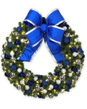 36" Silver and Blue Garland Bullpine Wreath with LED Lights