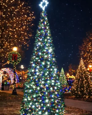 Illuminated Christmas tree in festive park at night