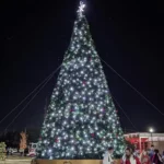 26-foot commercial Christmas panel tree with white lights installed outdoors at night