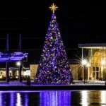 34-foot commercial Christmas panel tree with multicolor lights installed outside a commercial property at night