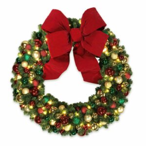 36-inch traditional Bullpine commercial Christmas wreath with red, green and gold ornaments and warm white LED lights