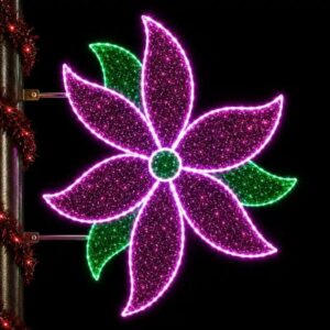 5-foot Jewel Poinsettia pole mount Christmas decoration illuminated in pink and green on a pole