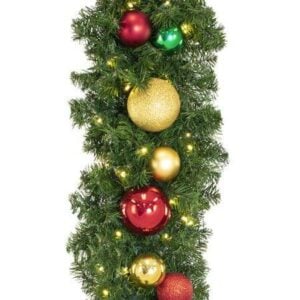 9 ft Taiga Evergreen commercial Christmas garland with red, green and gold ornaments and warm white LED lights
