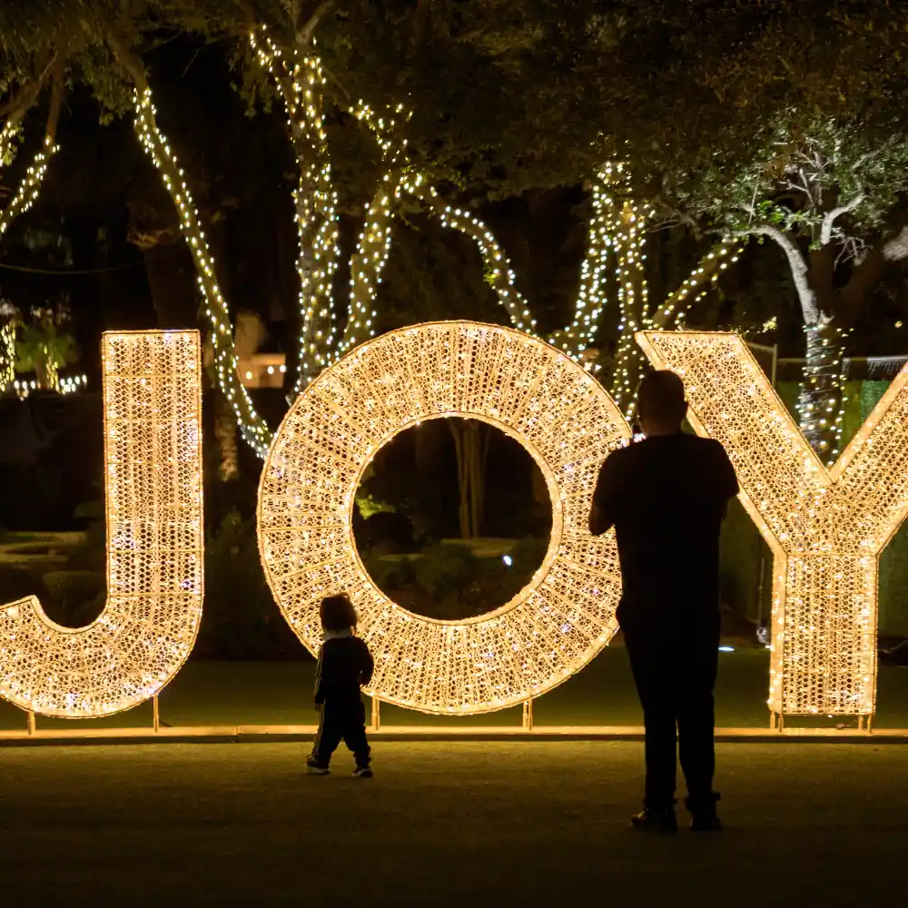 Illuminated JOY commercial Christmas dimensional display installed outdoors at night