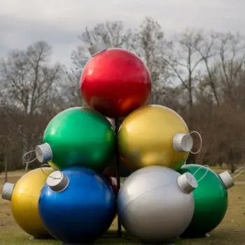 Large multicolor fiberglass Christmas ornament display installed outdoors