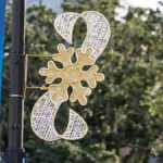 Presidential Snowflake pole mount Christmas light display illuminated at night