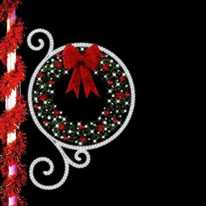 Wreath and Scroll B pole mount Christmas decoration with green wreath, red bow and pure white scroll lighting on a pole