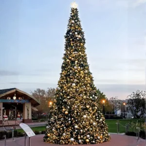 Large outdoor Christmas tree with golden lights