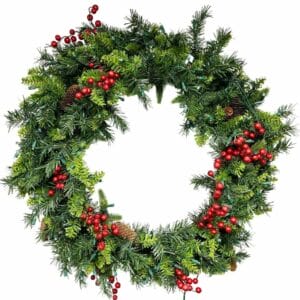 48" Taiga® Wreath With Red Berries And Pure White LED Lights