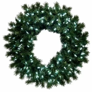 Green Christmas wreath with glowing white lights