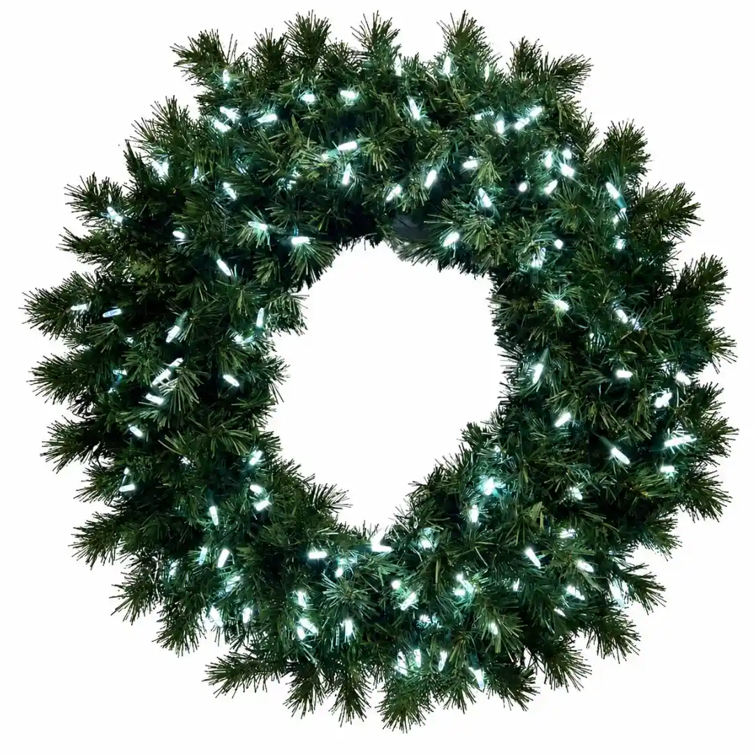 Green Christmas wreath with glowing white lights