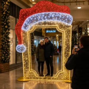 Couple poses beneath illuminated Santa hat holiday arch