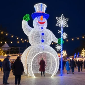 Giant illuminated snowman decoration at a festive night market