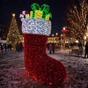 Giant illuminated Christmas stocking in snowy town square