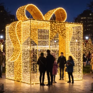 Giant illuminated gift box light display at night