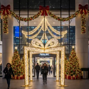 Festive mall entrance with illuminated gift arch