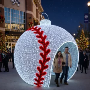 Couple walking through giant illuminated baseball ornament