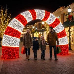 Family walking under giant illuminated candy cane arch