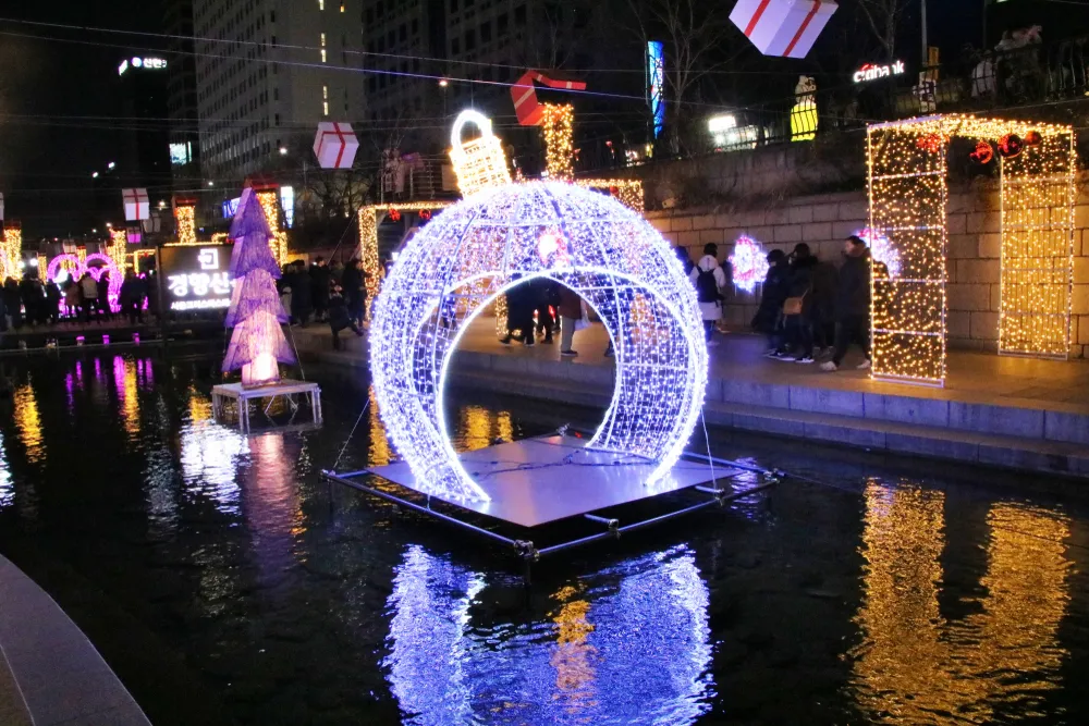 Waterfront city lit with durable LED Christmas lights