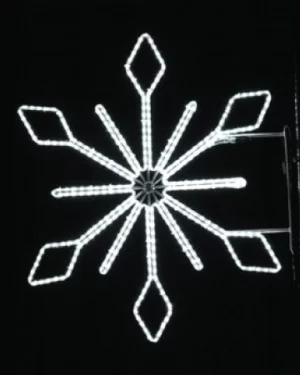 A glowing snowflake shines brightly against the night. Its crisp white lights create a festive winter display.