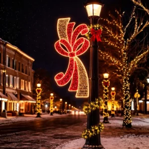 Holiday bow light on snowy small-town street