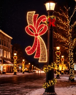 Holiday bow light on snowy small-town street