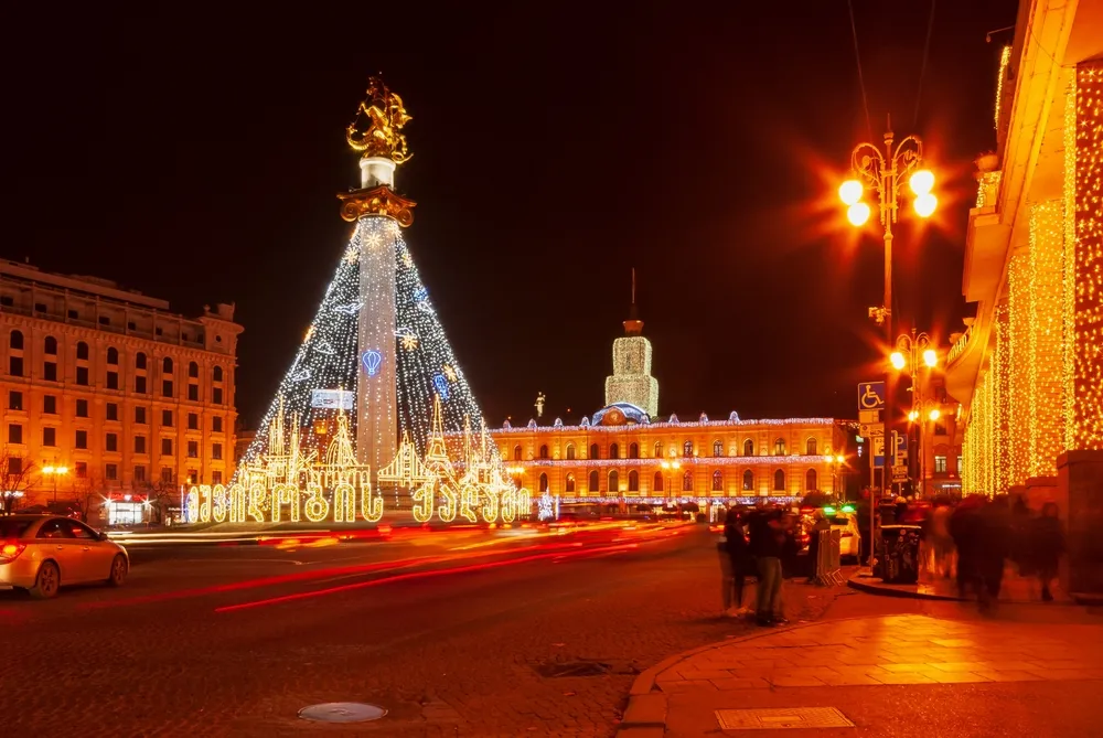LED holiday lighting illuminating city square sustainably
