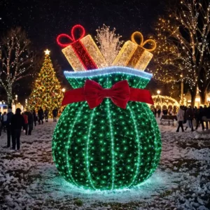 Glowing Christmas gift display in snowy park at night