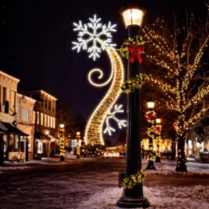 Snowy street with festive lamppost and lights