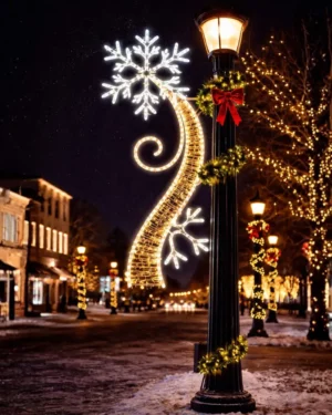 Snowy street with festive lamppost and lights