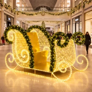 Illuminated Christmas sleigh decoration inside shopping mall