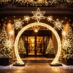 Illuminated holiday arch with snowflakes at hotel entrance