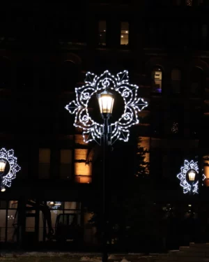 Street lamps with snowflake lights at night