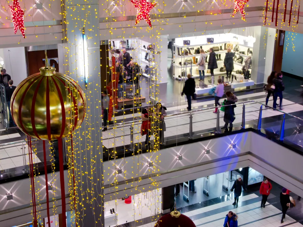 Outdoor mall lit with commercial LED holiday lights