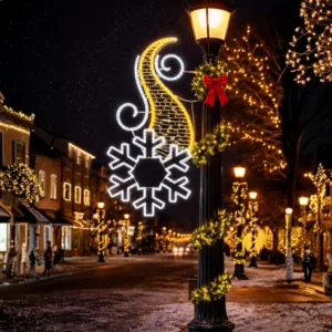 Holiday street with illuminated snowflake and wreath