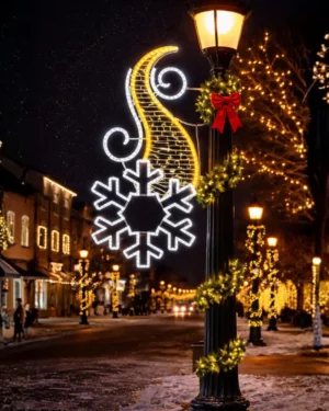 Holiday street with illuminated snowflake and wreath