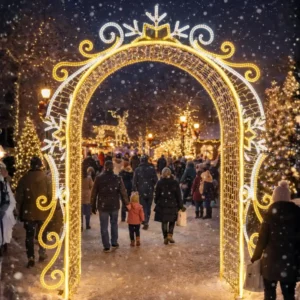 People walking through illuminated holiday arch in snowfall