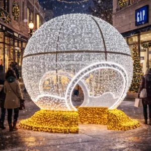 Giant illuminated holiday ornament in snowy shopping street