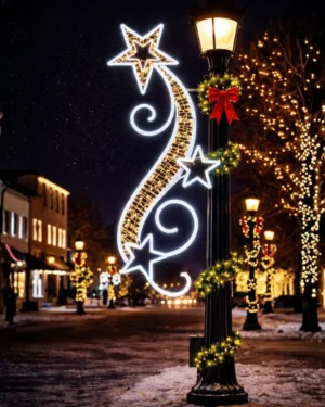 Festive streetlamp with star lights at night