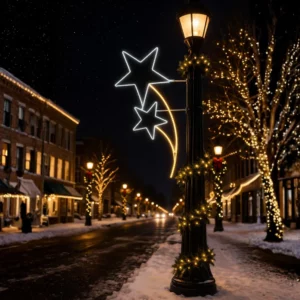 Snowy small-town street with festive star lights