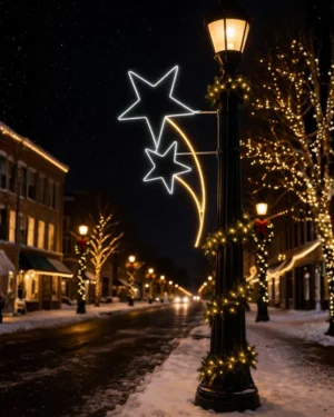 Snowy small-town street with festive star lights