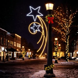 Holiday streetlamp with star lights and wreath